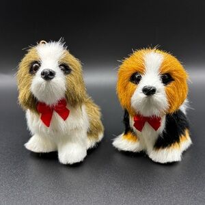 Adorable Plush Dog Faux Fur Figurine Dog Ornaments with Cute Red Bows 3”X2.5”